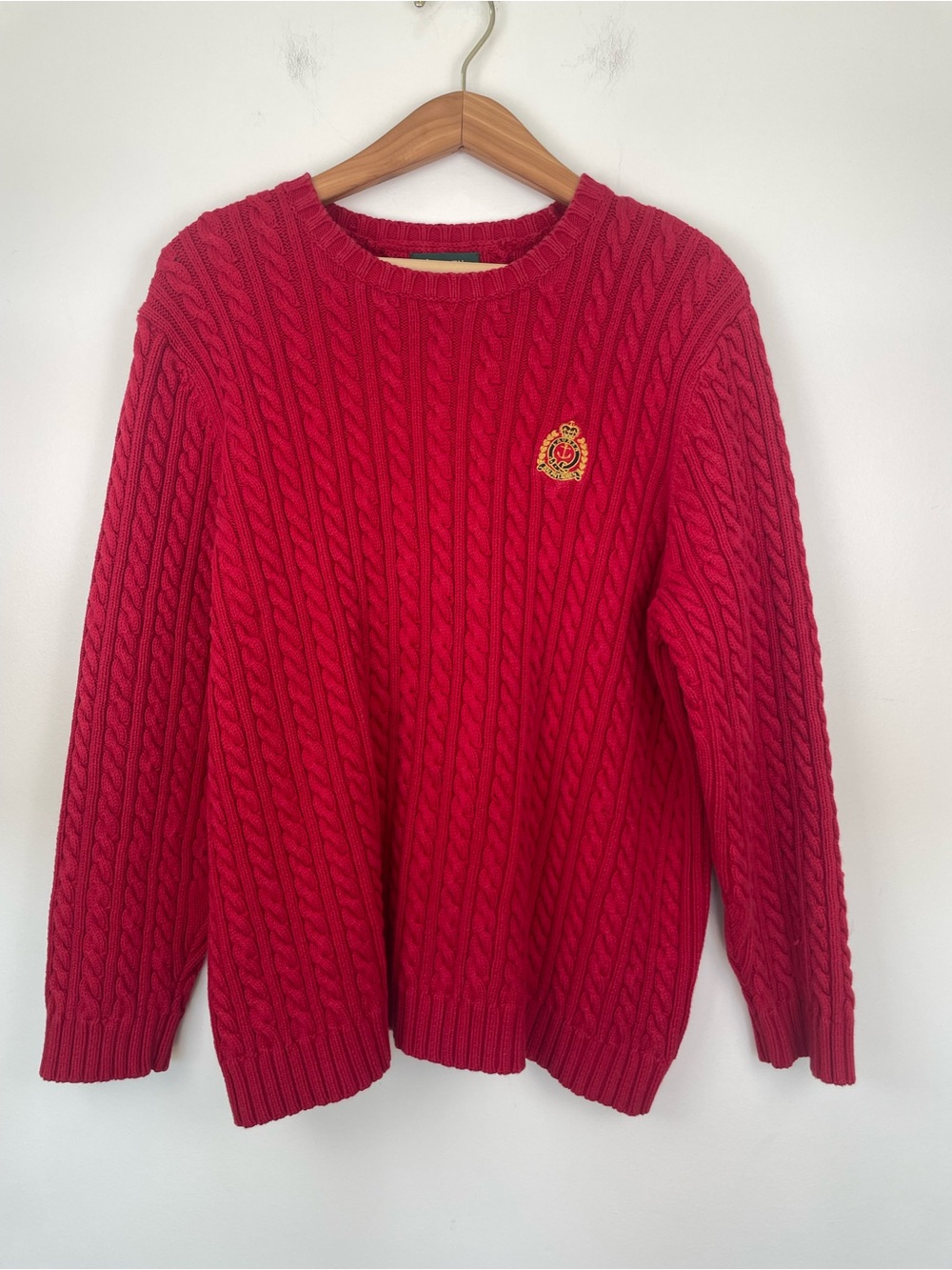 Vintage Ralph Lauren Red Cable-Knit Crewneck Sweater with Embroidered Crest